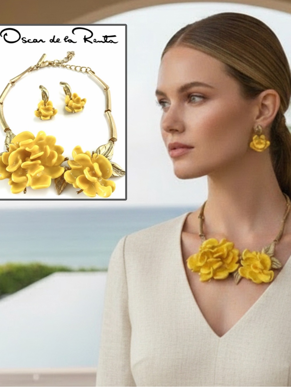 Oscar de la Renta Resin Flower Necklace w/ Earrings SET - Creamy Yellow/Gold - Picture 2 of 14